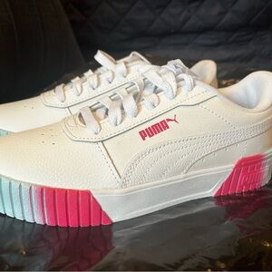Puma Carina 2.0  (Youth) White Sneakers with Pink and Blue Accents